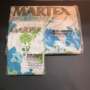 Martex Queen Flat Sheet 2 Pillowcases Set Vintage Floral Blue Green NEW NOS